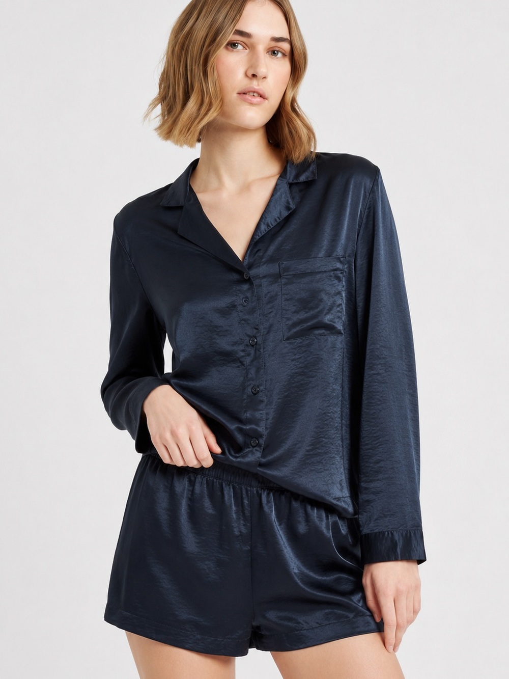 Auden Black Button-Front Long-Sleeve Top & Shorts Pajama Set